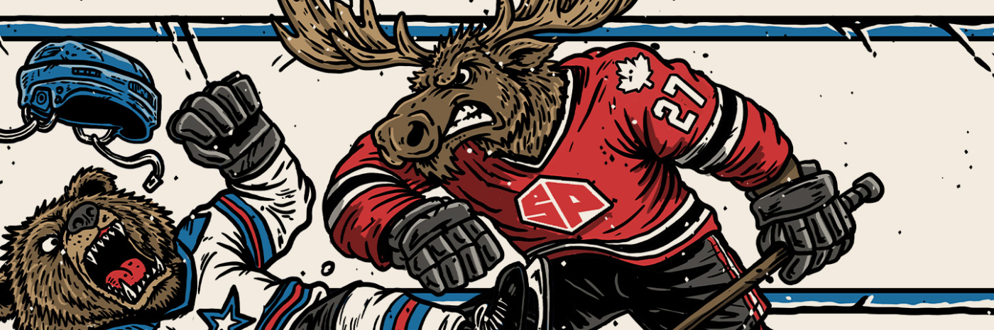 Illustrated hockey-themed graphic featuring a large moose in a red hockey jersey checking a roaring bear in a white and blue jersey. The bear’s blue helmet is flying through the air as both characters clash on the ice. A blue rink-style border frames the scene against a light background.