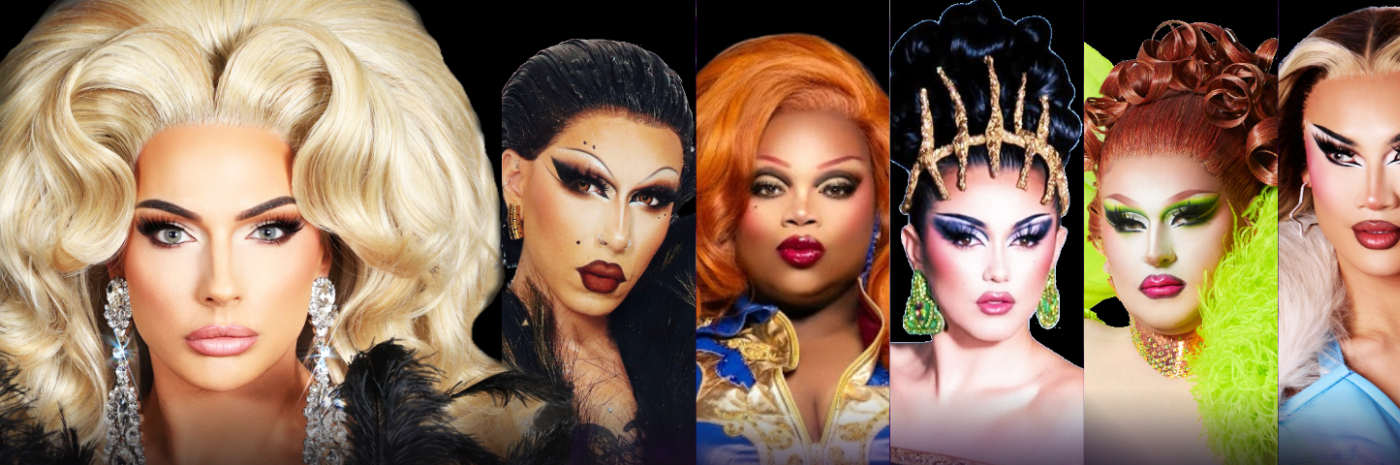 Promotional banner featuring seven individuals in dramatic drag-inspired makeup and elaborate hairstyles, arranged side-by-side against a black background. Each portrait showcases distinct styling, including platinum blonde, black, orange, and red hair, bold eye makeup, statement earrings, jeweled headpieces, and brightly colored fashion accents.