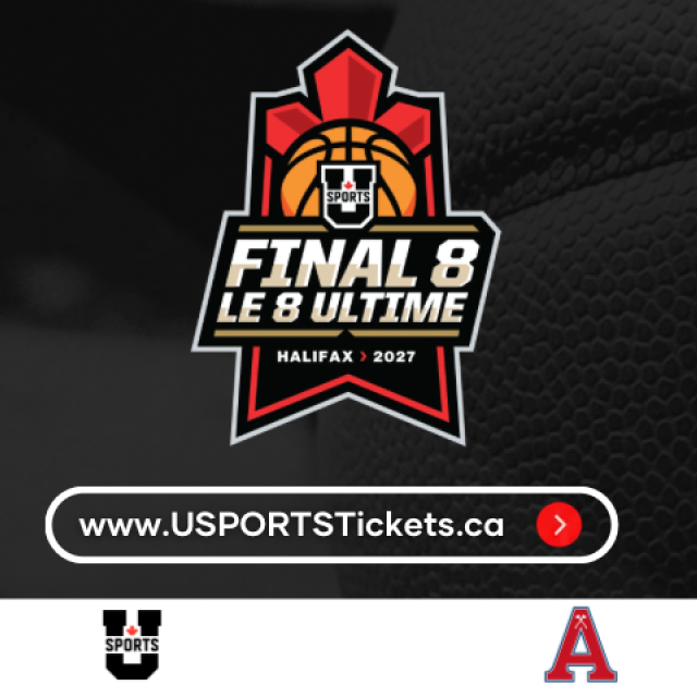 Promotional graphic for the 2027 U SPORTS Men’s & Women’s Final 8 basketball championship. The Final 8 Halifax 2027 logo appears on the left over a close-up basketball background. Large white text reads “Ticket Packages On Sale Now,” with event details below: “March 11–14, 2027, Scotiabank Centre.” A website URL, “www.USPORTSTickets.ca,” is displayed in a button-style banner. Logos for U SPORTS, Acadia University, University of Manitoba Bisons, Saint Mary’s University, Nova Scotia, and Halifax appear along 