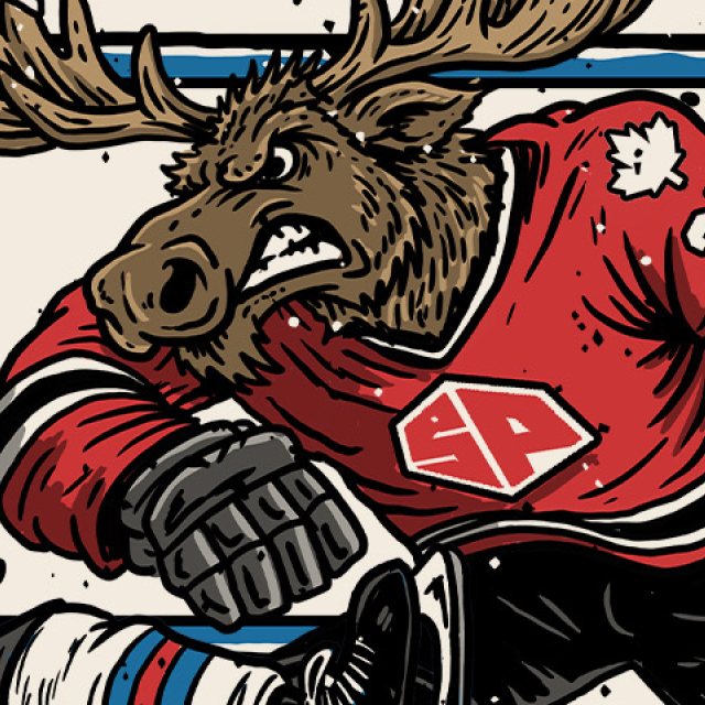 Illustrated hockey-themed graphic featuring a large moose in a red hockey jersey checking a roaring bear in a white and blue jersey. The bear’s blue helmet is flying through the air as both characters clash on the ice. A blue rink-style border frames the scene against a light background.